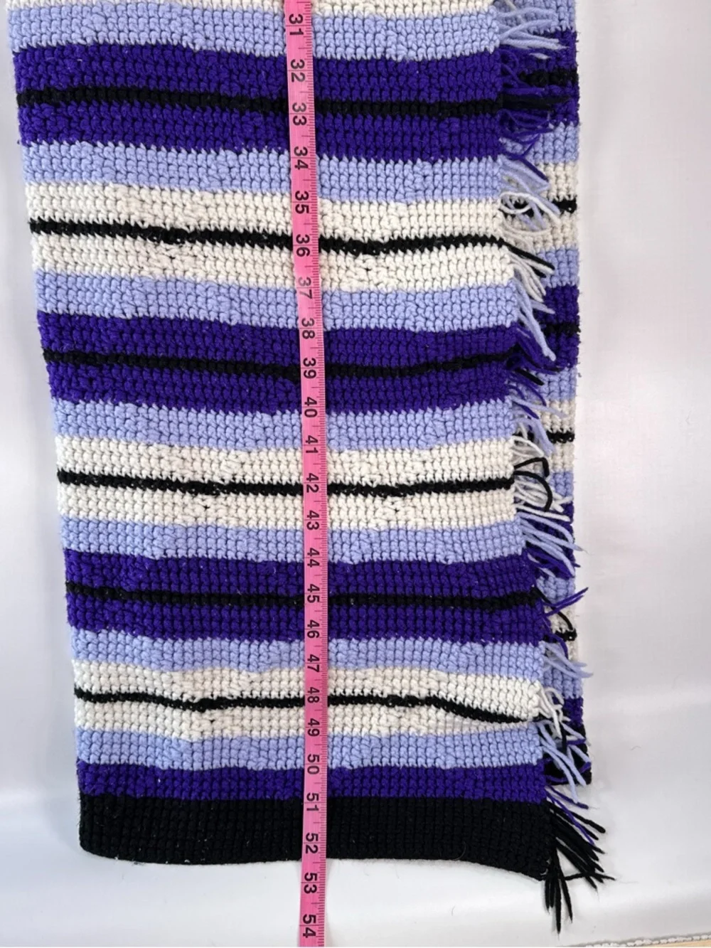 Handmade Throw Blanket Purple Striped Crochet Boho Fringe 50x52